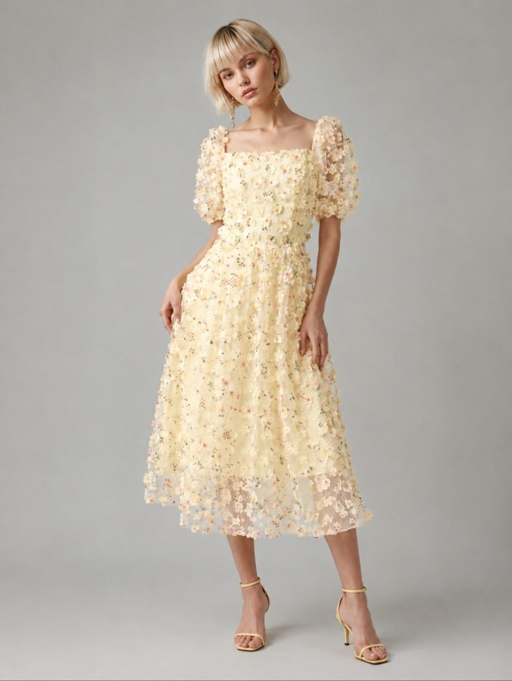 Retro Stage | 3D Floral Embroidered Appliqué Puff Sleeve Pale Yellow Midi NWT